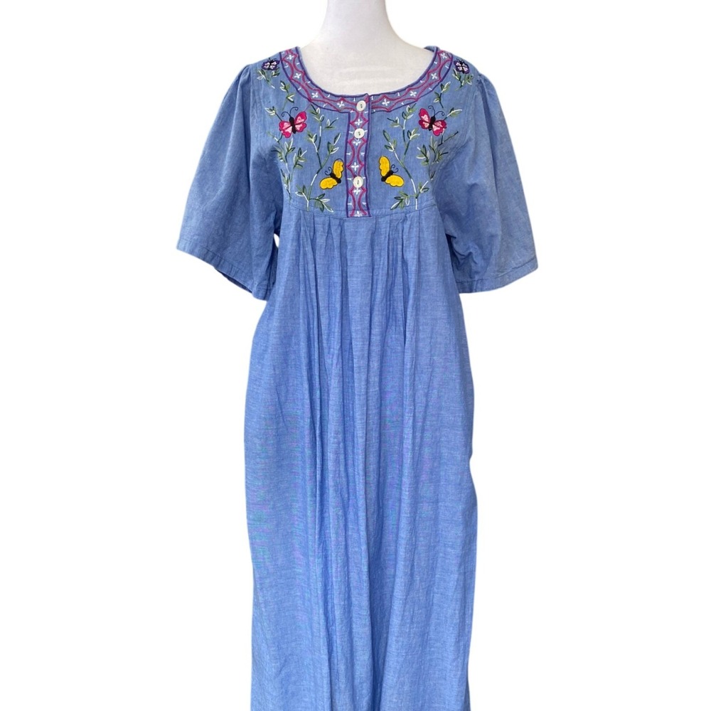 Vintage 80s Embroidered Butterfly Chambray Blue Muumuu House Dress Medium Cotton